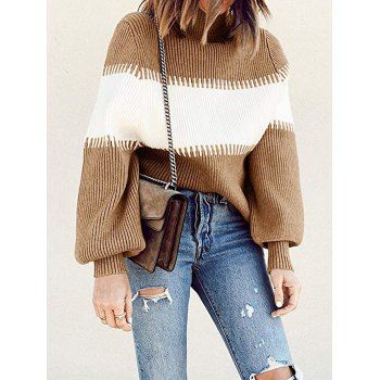 

Contrast Colorblock Sweater High Neck Long Sleeve Pullover Sweater, Light coffee