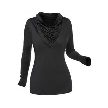 

Frilled Top Plain Color Cowl Neck Long Sleeve Casual Top, Black