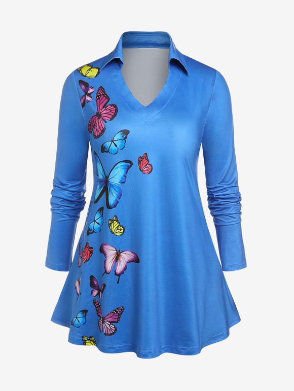 T-Shirt Tunique à Imprimé Papillons Grande Taille - Bleu 5X