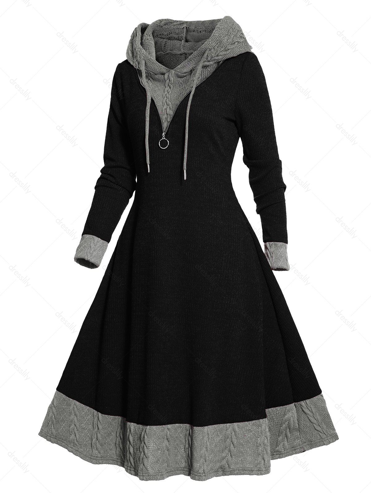 Robe à Capuche Tricotée Zippée Texturée Anneau en O à Manches Longues à Cordon en Blocs de Couleurs - Noir XL