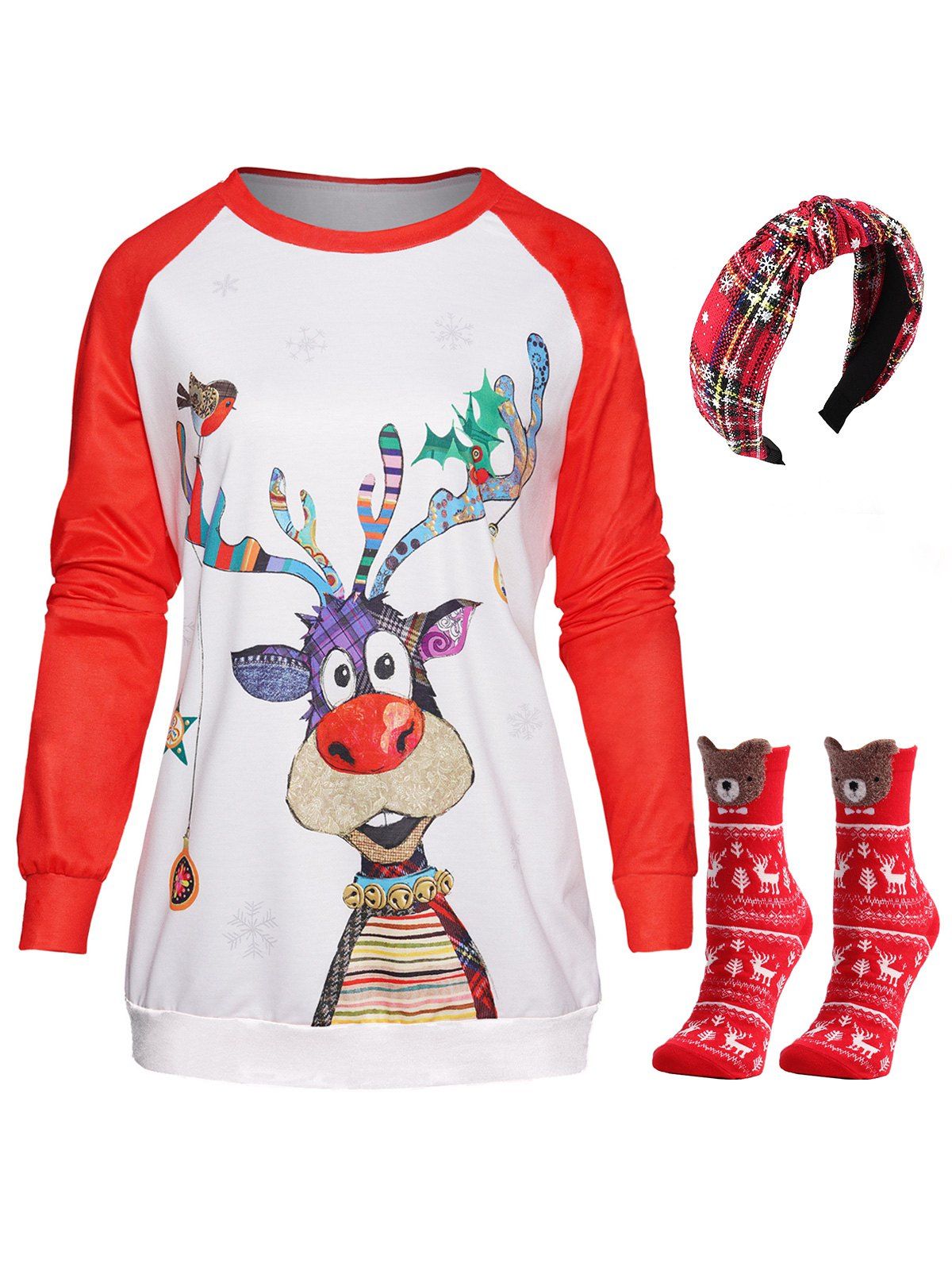 Ensemble de Sweat-shirt de Noël à Imprimé Animal Mignon à Carreaux à Manches Raglan et Chaussettes - multicolor M
