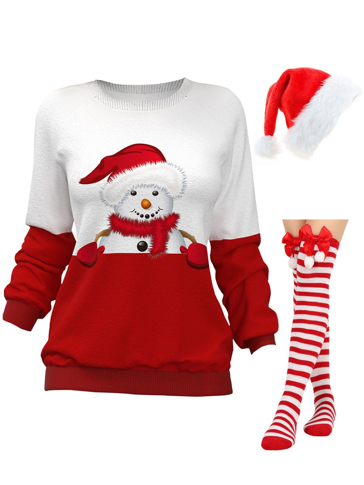 Snowman Print Two Tone Raglan Sleeve Sweatshirt And Faux Fur Hat Striped Print Bowknot Thigh High Socks Christmas Outfit - multicolor M