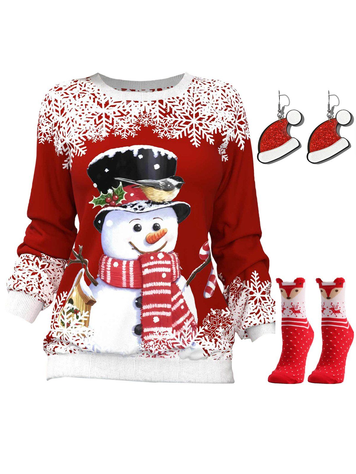 Snowman Snowflake Print Raglan Sleeve Sweatshirt And Earrings Fox Elk Print Socks Christmas Outfit - multicolor M