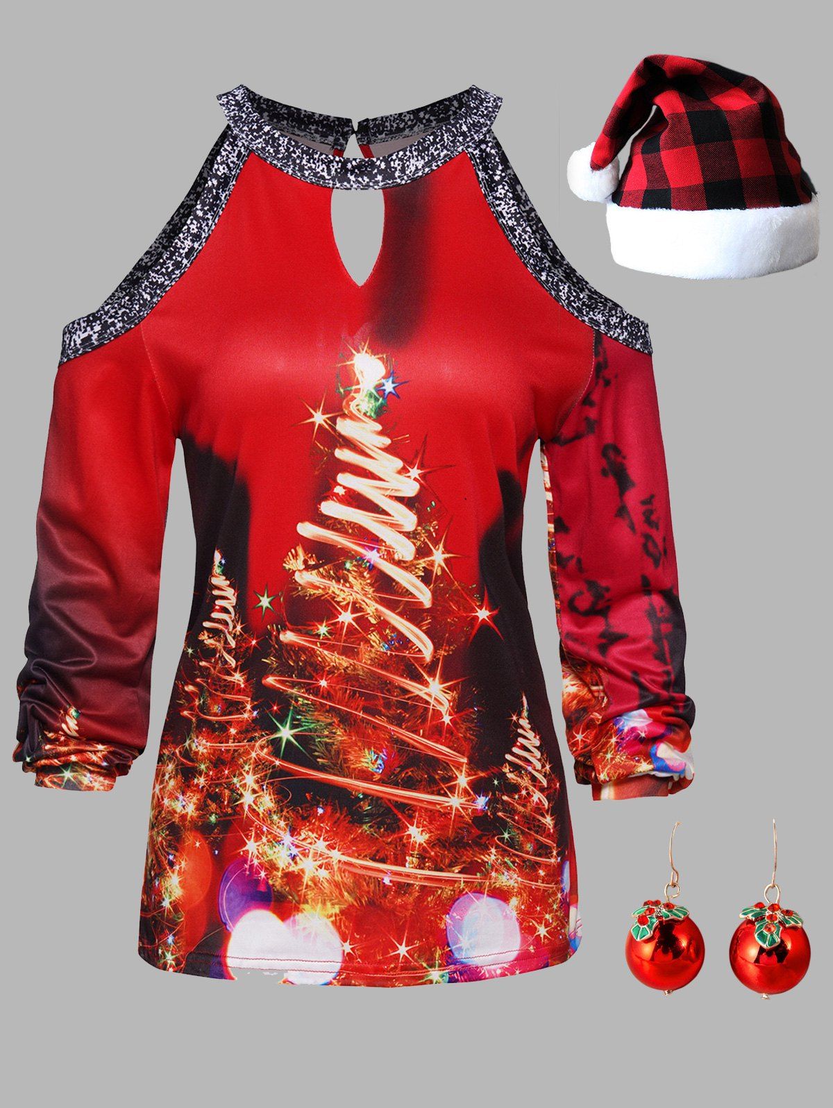 Sparkly Christmas Tree Print Cut Out Keyhole Top And Rhinestone Bell Earrings Plaid Hat Casual Outfit - multicolor M