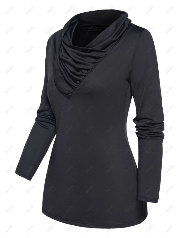 Haut Décontracté en Couleur Unie à Manches Longues à Col Bénitier à Volants - Noir XXL