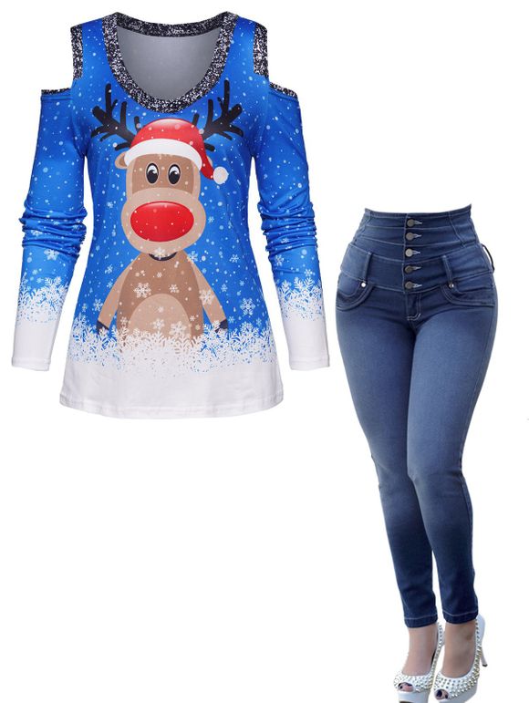 Ensemble avec Haut à Imprimé Cerf de Noël et Flocon de Neige à Epaule Dénudée et Jean à Taille Haute avec Poches - multicolor M