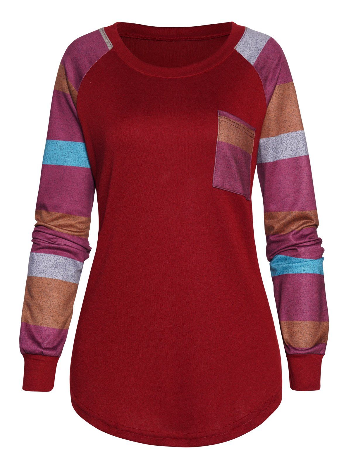 Contrast Colorblock T Shirt Front Pocket Round Neck Long Sleeve Casual Tee - RED S