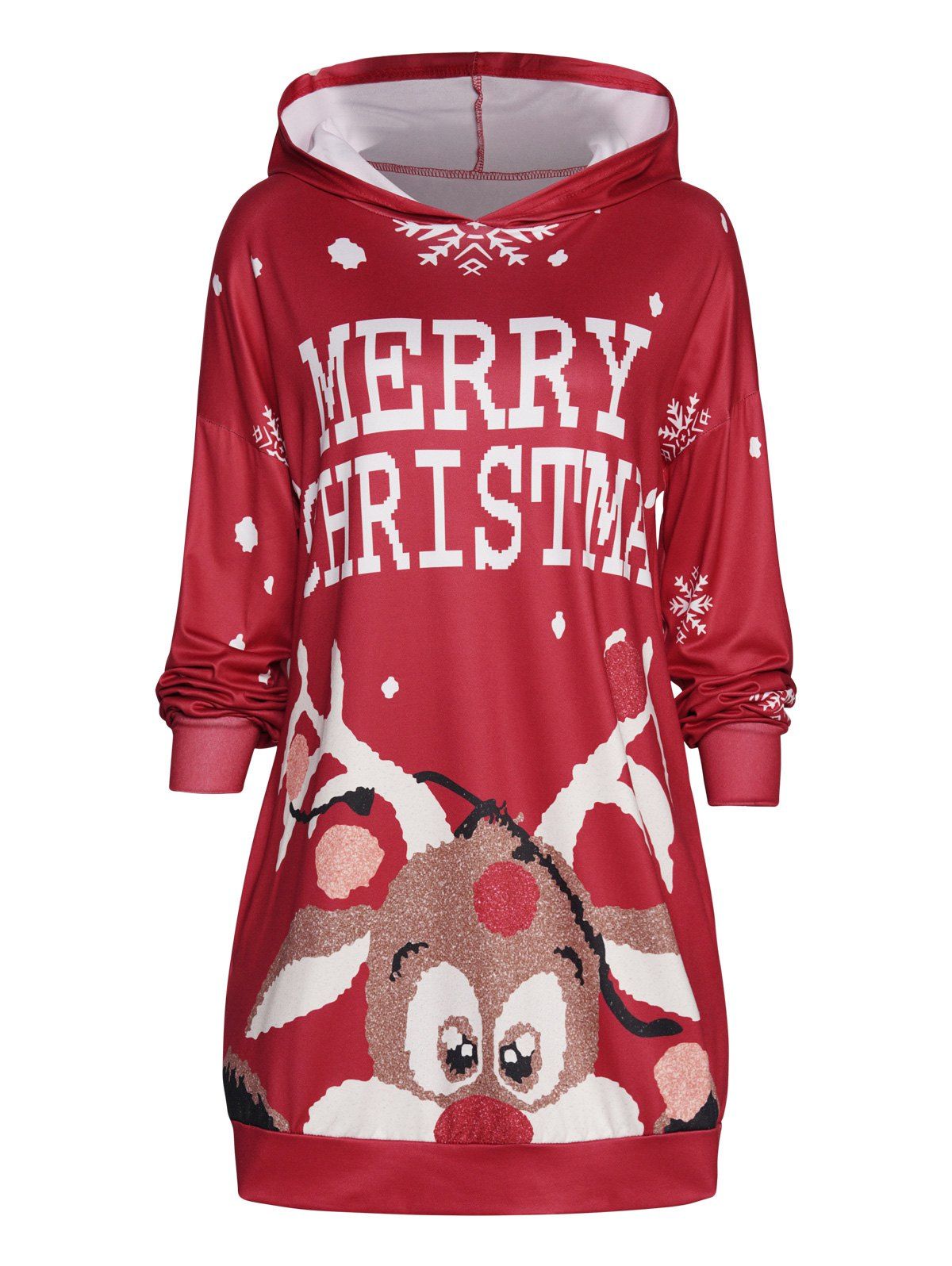 Mini Robe à Capuche à Imprimé Flocon de Neige Mignon de Noël à Goutte Epaule à Manches Longues - Rouge 2XL