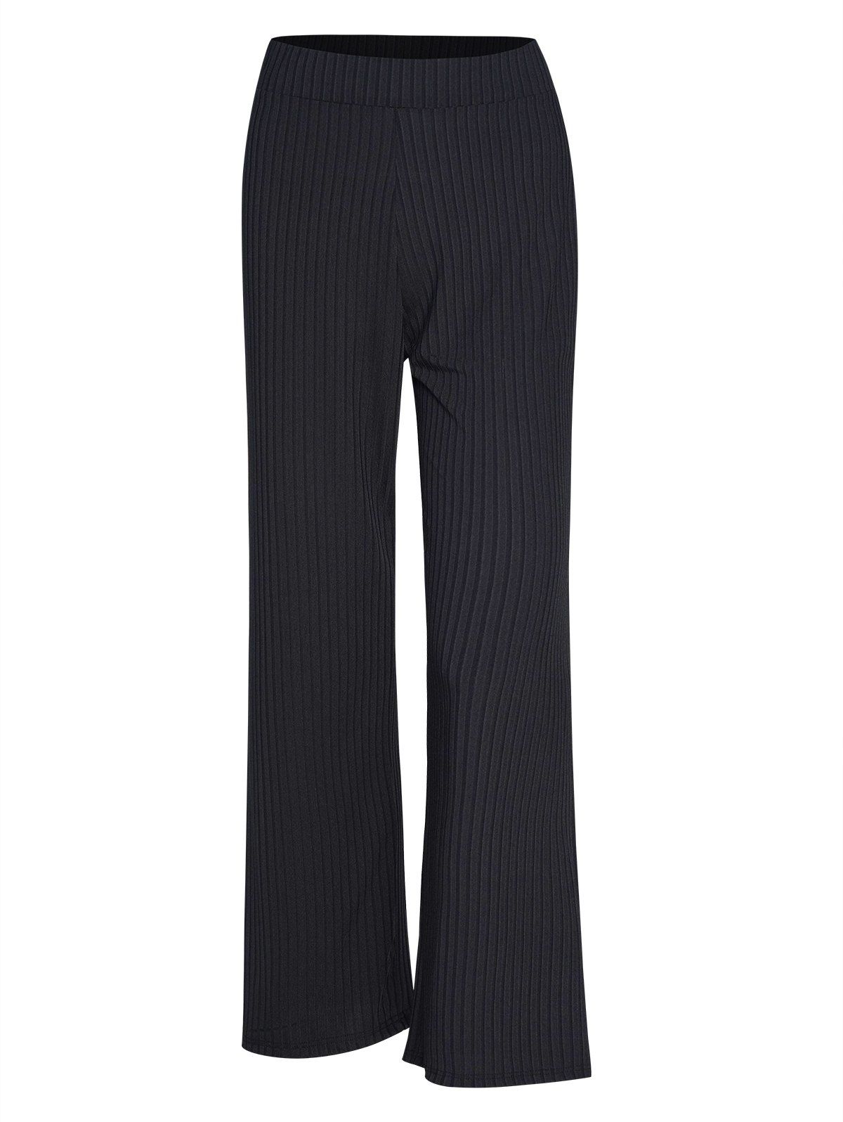 Solid Color Textured Wide Leg Pants Long Elastic High Waist Pants - BLACK L