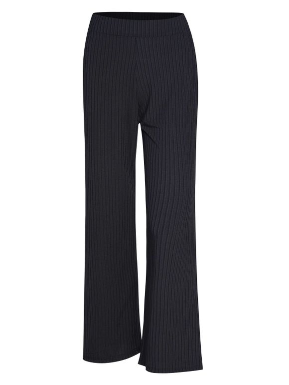 Pantalon Long Texturé à Taille Haute Elastique en Couleur Unie - Noir 2XL