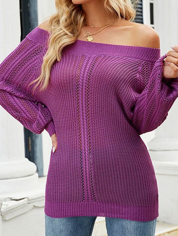 Textured Sweater Hollow Out Off the Shoulder Sweater Plain Color Long Sleeve Pullover Sweater - PURPLE XL