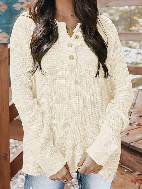 Pull Texturé Haut Bas Simple à Manches Longues à Col Rond - Jaune clair L