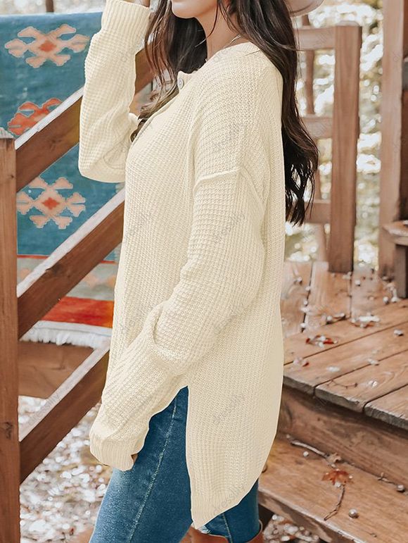 Pull Texturé Haut Bas Simple à Manches Longues à Col Rond - Jaune clair L