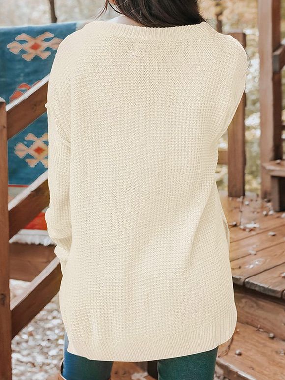 Pull Texturé Haut Bas Simple à Manches Longues à Col Rond - Jaune clair L