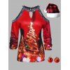 Sparkly Christmas Tree Print Cut Out Keyhole Top And Rhinestone Bell Earrings Plaid Hat Casual Outfit - multicolor M