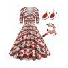 Christmas Tree Elk Plaid Print Dress And Rhinestone Brooch Cap Shape Earrings Casual Outfit - multicolor M