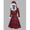 Mini Robe de Noël Ligne A à Carreaux Imprimé Panneau en Fausse Fourrure à Taille Haute - Rouge foncé M