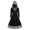 Colorblock Textured Knit Hooded Dress O Ring Zipper Long Sleeve Drawstring Hood Knitted Dress - BLACK XXXL