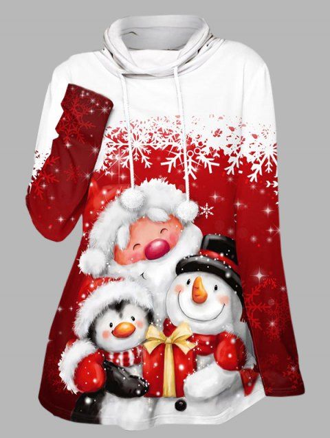 Christmas Sweatshirt Santa Claus Snowman Snowflake Print Drawstring Long Sleeve Sweatshirt