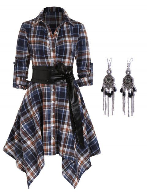 Plaid Belted Roll Tab Sleeve Handkerchief Dress And Chain Tassel Hook Drop Earrings Outfit
