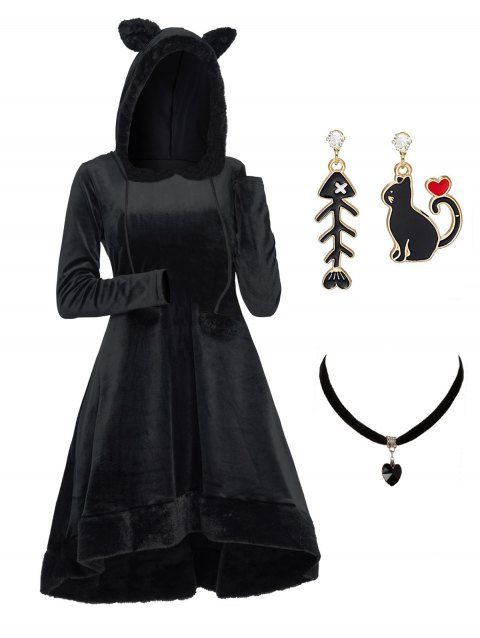 Fuzzy Ball Animal Ear Hooded High Low Dress And Velour Heart Choker Rhinestone Cat Fish Bone Earrings Casual Outfit