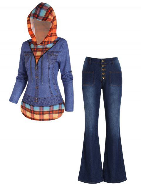 Faux Denim Jacket 3D Print Plaid Panel O Ring Half Zipper Hoodie And Patch Pockets Flare Jeans Casual Outfit