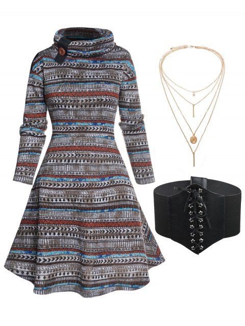 Striped Printed High Waisted A Line Mini Dress And Lace Up Elastic Wide Waist Belt Layered Necklace Ethnic Outfit