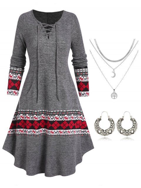 Lace Up Elk Geometric Print Asymmetrical Hem Midi Dress And Layered Necklace Rhinestone Earrings Casual Outfit