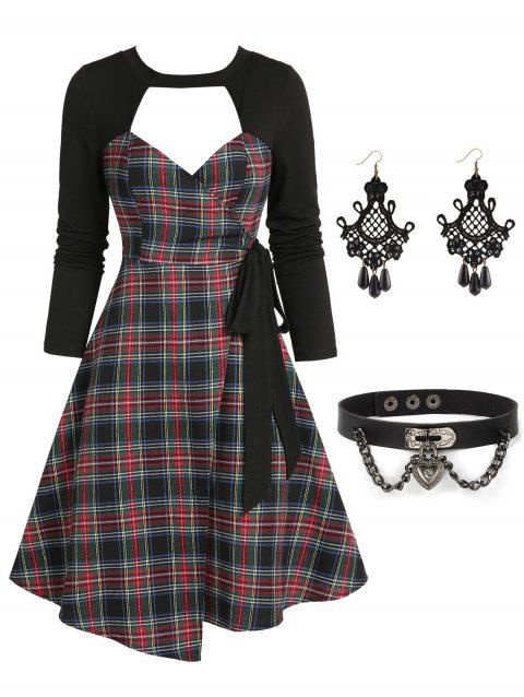 Cut Out Plaid Wrap Mini Dress And Chain Heart Faux Leather Choker Hollow Out Lace Beads Earrings Casual Outfit