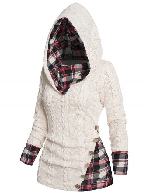 Plus Size Hooded Sweater Plaid Print Panel Twisted Knit Mock Button Sweater With Hood