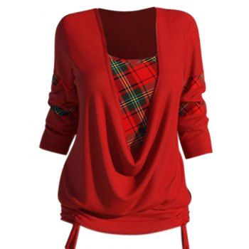 Plaid Print Cowl Neck Knit Faux Twinset Top Cinched Long Sleeve Knitted Top