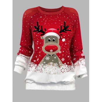 

Christmas Sweatshirt Elk Snowflake Print Round Neck Long Sleeve Sweatshirt, Red