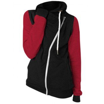 

Contrast Two Tone Fleece Lining Jacket Oblique Zip Up Drawstring Warm Jacket, Multicolor a