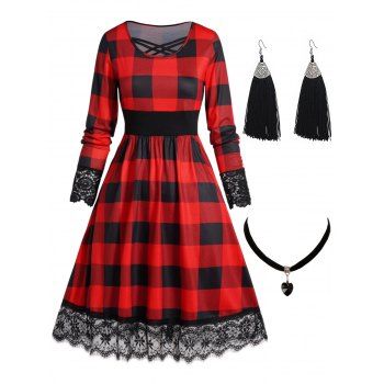 

Plaid Print Flower Lace Panel Crisscross High Waist Dress And Velour Heart Pendant Choker Tassel Earrings Casual Outfit, Red