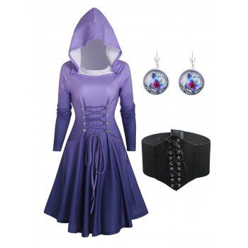 

Ombre Print Lace Up Raglan Sleeve High Low Hooded Dress And Butterfly Drop Earrings Lace Up Wide Belt Outfit, Purple