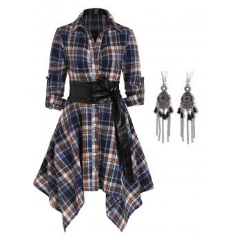 

Plaid Belted Roll Tab Sleeve Handkerchief Dress And Chain Tassel Hook Drop Earrings Outfit, Deep blue