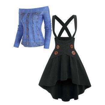 

Off the Shoulder Faux Denim 3D Print Long Sleeve T Shirt And Mock Button High-low Suspender Skirt Outfit, Multicolor