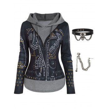 

Rivet 3D Print Half Zipper Drawstring Long Sleeve Faux Twinset Hoodie And Choker Necklace Chain Ear Cuff Outfit, Black