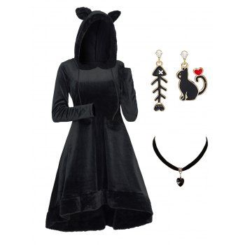 

Fuzzy Ball Animal Ear Hooded High Low Dress And Velour Heart Choker Rhinestone Cat Fish Bone Earrings Casual Outfit, Black