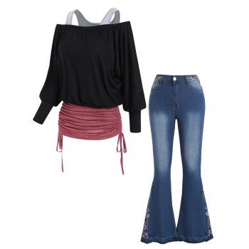 Colorblock Cinched Ruched Cold Shoulder Long Sleeve Faux Twinset Top And Embroidery Flower Zipper Fly Flare Jeans Outfit