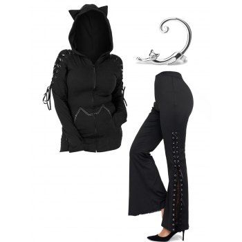 

Lace Up Contrast Gothic Fleece Cat Ear Hooded Coat And Sheer Lace High Waist Lace Up Flare Pants Ear Cuff Outfit, Black
