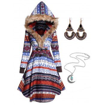 

Allover Tribal Flower Geometric Pattern Elk Print Asymmetric Faux Fur Hood Longline Coat And Moon Chain Neck Drop Earrings Outfit, Multicolor