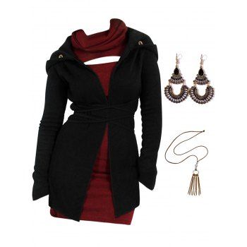 

Cut Out Turtleneck Short Sleeve Mini Tee Dress Hooded Fleece Coat And Tassel Necklace Drop Earrings Outfit, Black