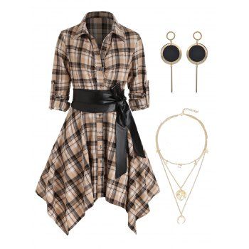 

Plaid Belted Roll Tab Sleeve Handkerchief Dress And Layered Chain Necklace Drop Earrings Outfit, Coffee