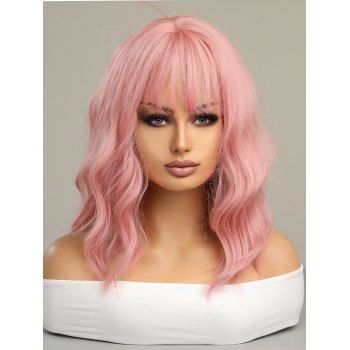 

Anime Cosplay Party Wavy Bob Medium Full Bang Capless Synthetic Wig, Pink