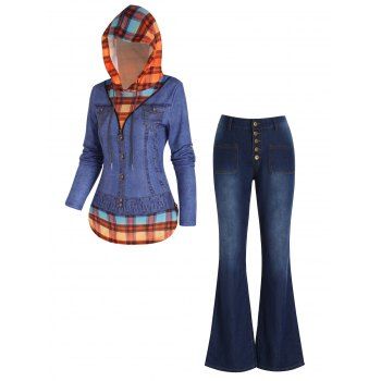 

Faux Denim Jacket 3D Print Plaid Panel O Ring Half Zipper Hoodie And Patch Pockets Flare Jeans Casual Outfit, Multicolor