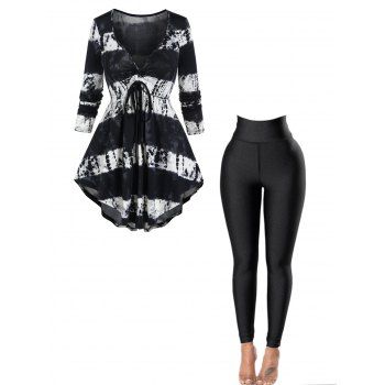 

Tie Dye Cinched Pointed Hem Long Sleeve High Waisted Skirted T Shirt And Pure Color Topstitching Skinny Leggings Outfit, Black