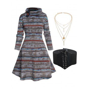 

Striped Printed High Waisted A Line Mini Dress And Lace Up Elastic Wide Waist Belt Layered Necklace Ethnic Fall Outfit, Multicolor