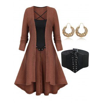 

Crisscross Asymmetric Knit Longline Faux Twinset Sweater And Drop Earrings Elastic Wide Waist Belt Outfit, Coffee