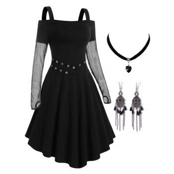

Fishnet Mesh Sleeve Thumbs Hole Grommets Dress And Chain Tassel Earrings Velour Heart Choker Gothic Outfit, Black
